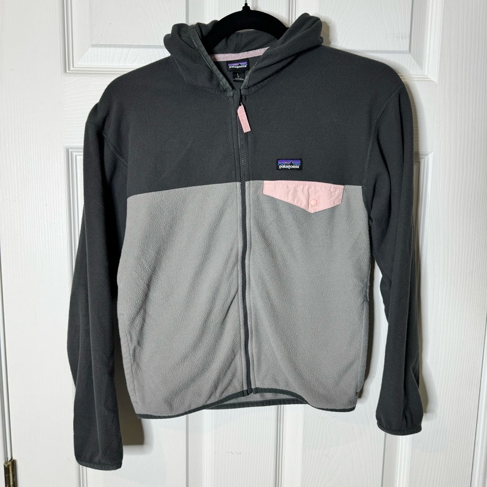 Patagonia Girls' Micro D Snap-T Zip Up Jacket - Feather Grey/Pink - Sz Large 12